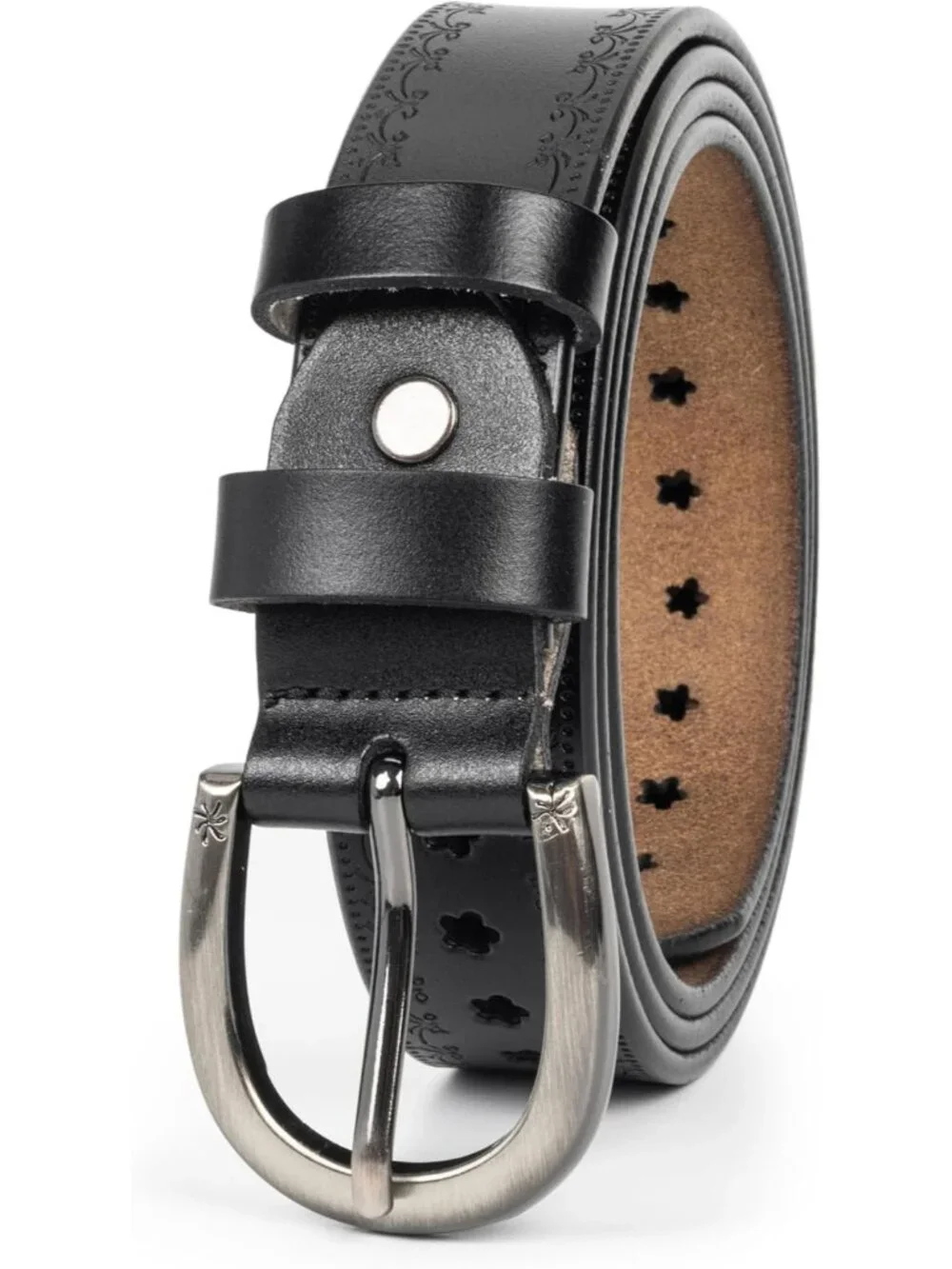 Women's Black-hollow Flowers Leather Belt Vintage Engraved Embossed Western